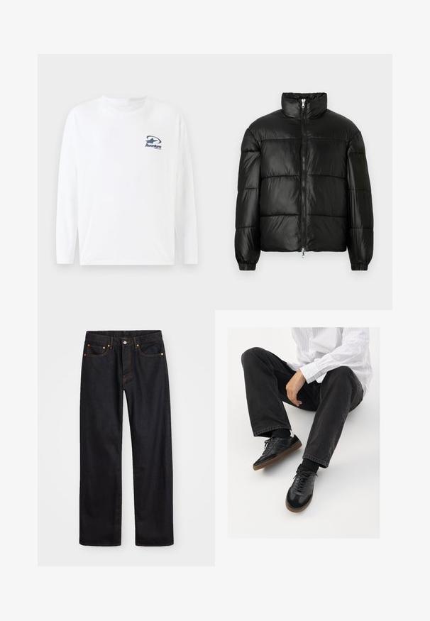 Casaco puffer preto com gola alta, fecho frontal em zíper, design acolchoado, punhos elásticos e acabamento de tecido brilhante e suave.; T-shirt de manga longa branca, feita de algodão, com um logotipo azul-marinho no peito. Decote redondo e bainha reta com mangas longas e confortáveis.; Calças de ganga pretas para homem, de pernas retas, com cinco bolsos e costura laranja, fecho de botão e zíper na cintura da frente.; Sneakers pretos com parte superior lisa e texturada, apresentando uma sola de borracha e atacadores escuros. Combinados com jeans pretos e uma camisa branca às riscas.