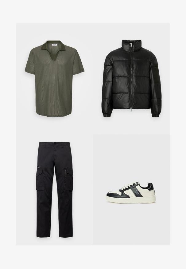 Čierna páperová bunda s vysokým golierom, predným zipsom, prešívaným dizajnom, elastickými manžetami a lesklým hladkým materiálom.; Olive zelená polokošeľa s krátkymi rukávmi, ribovaný vzor, výstrih do V a kontrastný dizajn goliera. Ľahký materiál s voľným strihom.; Čierne cargo nohavice so zlato-všitém množstvom vreciek, zipsom na stehne, rovného strihu a odolnou bavlnenou tkaninou s jemným leskom.; Kožené tenisky v čierno-krémovej farbe, s perforovanými akcentmi, polstrovaným golierom a štruktúrovanou podrážkou.