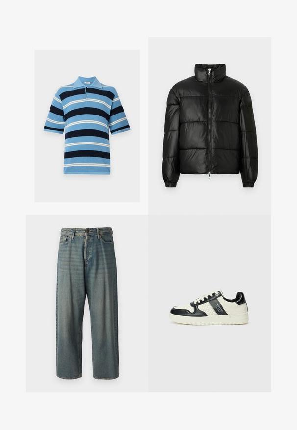Čierna páperová bunda s vysokým golierom, predným zipsom, prešívaným dizajnom, elastickými manžetami a lesklým hladkým materiálom.; Pruhovaný polo tričko v svetlom modrom, námorníckom a bielom. Krátke rukávy, golier a zapínanie na gombíky; textúrovaná pletená tkanina s rôznymi šírkami pruhov.; Svetlomodré denimové nohavice so voľným strihom, stredne vysokým pásom a rovnými nohavicami. Obsahujú päť vreciek, pútka na opasok a zapínanie na gombík.; Kožené tenisky v čierno-krémovej farbe, s perforovanými akcentmi, polstrovaným golierom a štruktúrovanou podrážkou.