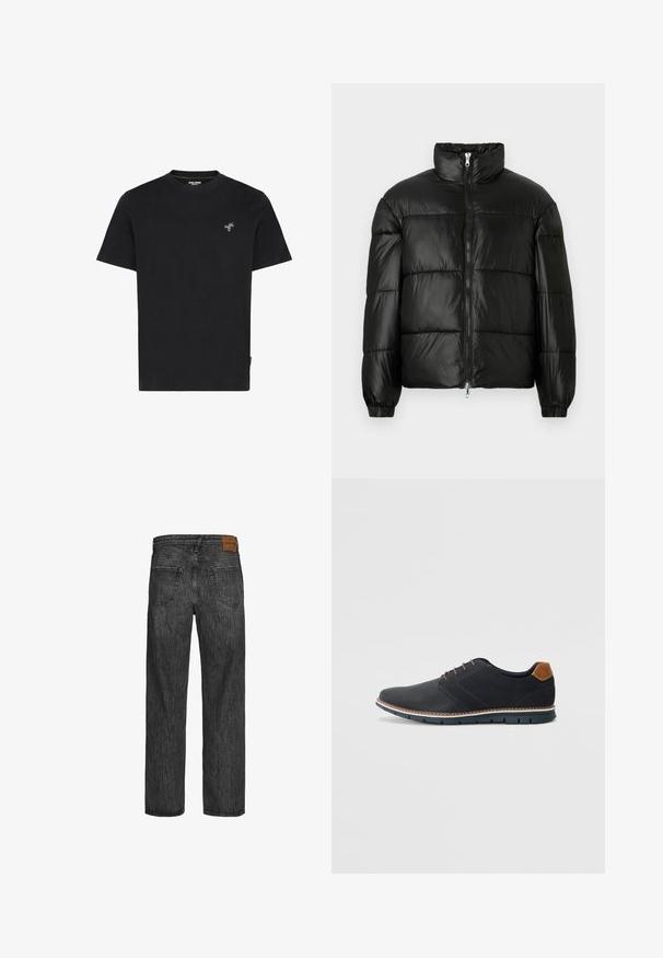 Must mustaga jakker, millel on kõrge krae, luku esikinnitus, tikanditud disain, elastsed mansetid ja läikiv, sile kangast viimistlus.; Mustanud puuvillane t-särk, millel on ümar kaelus ja lühikesed varrukad, ning vasakul rinnal on väike roheline palmiõmblus.; Mustad denim püksid otse sääre lõikega, viie taskuga stiil ja pruun nahkplekk vöökohtas. Tekstuuriga kangas, millel on õmblusdetailid.; Mustavad sünteetilised jalatsid tekstureeritud pealsega, siledad aktsendid, pruun kand ja kontrastne tall. Omab minimaalset lukkude ja õmbluste dekoratsiooni.