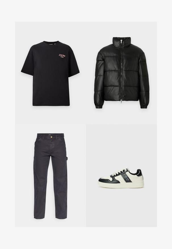 Chaqueta de pluma negra con un cuello alto, cierre frontal con cremallera, diseño acolchado, puños elásticos y acabado de tela brillante y suave.; Camiseta de algodón negra con un corte relajado, mangas cortas y un logo rojo bordado en el área del pecho izquierdo. Textura suave, diseño de cuello redondo.; Pantalones cargo de color gris oscuro, confeccionados con un tejido duradero, que presentan un corte recto, cinco bolsillos y un cierre de botón en la cintura.; Zapatillas de cuero con un esquema de colores negro y crema, que cuentan con acentos perforados, un collar acolchado y una suela texturizada.