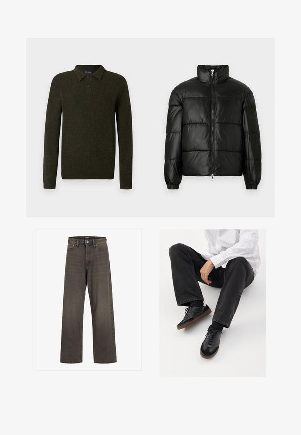 Casaco puffer preto com gola alta, fecho frontal em zíper, design acolchoado, punhos elásticos e acabamento de tecido brilhante e suave.; Suéter polo de manga longa verde com acabamento texturizado, placket de dois botões e punhos canelados. Design simples e clássico, adequado para uso casual.; Jeans de perna larga em denim cinza escuro, com cintura alta, design clássico de cinco bolsos e costura em contraste ao longo das costuras.; Sneakers pretos com parte superior lisa e texturada, apresentando uma sola de borracha e atacadores escuros. Combinados com jeans pretos e uma camisa branca às riscas.