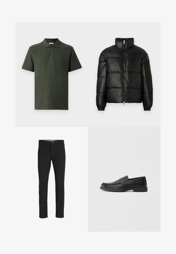 Svart pufferjakke med høy krage, glidelås foran, quiltet design, elastiske mansjetter og blank, glatt stofffinish.; Mørkegrønn polo-skjorte laget av teksturert stoff. Har krage, to knapper og en liten logo på brystet. Korte ermer.; Svart bomullsblandingsbukser med smal passform, med knappelukking, lommer og rullede mansjetter for en avslappet finish.; Svart skinnloafers med glatt finish, mokkasin-stil overdel, broderte detaljer og gummisåle. Klassisk design med lav hæl.