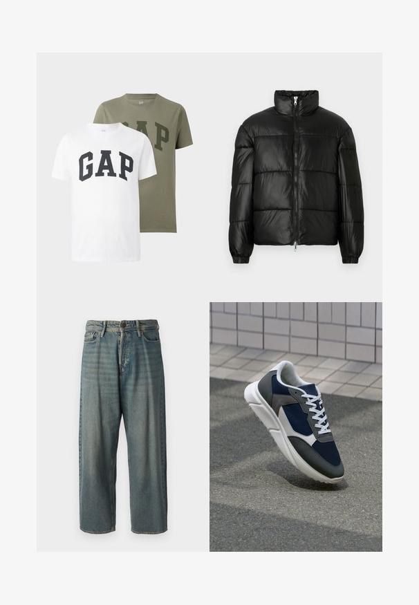 Melna pūkainā jaka ar augstu apkakli, rāvējslēdzēja priekšējo aizdari, quilted dizainu, elastīgām piedurknēm un spīdīgu, gludu auduma apdari.; Divi īsās piedurknēm T-krekli ar apaļu kakla izgriezumu, viens balts un otrs olīvu zaļš, katrs ar "GAP" lieliem burtiem izdrukātiem krūšu daļā.; Gaiši zili džinsi ar brīvu piegriezumu, vidējo jostas augstumu un taisnām kājām. Satur piecas kabatas, jostas cilpas un pogu aizdari.; Sporta apavi ar tumši zilas krāsas tīkla augšdaļu, pelēku zamšādas akcentiem, baltu gumijas zoli un plakaniem baltiem šņorēm, kas izstrādāti komfortam un elpojamībai.