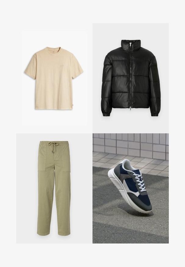 Črna pufasta jakna z visokim ovratnikom, z zadrgo spredaj, prešito zasnovo, elastičnimi manšetami in sijočim, gladkim zaključkom tkanine.; Bež majica s kratkimi rokavi iz bombaža z okroglim izrezom. Na prsih ima subtilen logotip "Levi's" v isti barvi. Mehka tekstura.; Hlače svetlo olivno zelene barve, izdelane iz bombažne mešanice, z elastičnim pasom in vrvico ter dvema velikima stranskima žepoma.; Superge z zgornjim delom iz mrežaste tkanine v mornarsko modri barvi, sivi usnjeni poudarki, belo gumijasto podplato in ravnimi belimi vezalkami, zasnovane za udobje in zračnost.