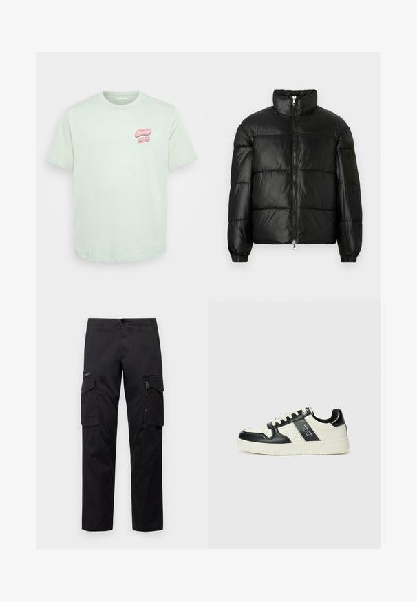 Sort puffet jakke med høj krave, lynlås foran, quiltet design, elastiske manchetter og skinnende, glat stoffinish.; Lysegrøn bomulds t-shirt med korte ærmer, rund hals og et pink "Hilsner fra Arizona" grafisk motiv på venstre brystområde.; Sorte cargo-bukser med multiple lommer, en lynlåslomme på låret, lige pasform og holdbart bomuldsstof med let glans.; Lædersneakers i sort og creme farveskema, med perforerede detaljer, en polstret krave og en struktureret ydersål.