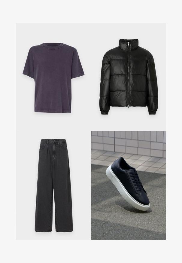 Svart puffjacka med hög krage, dragkedja fram, kviltat mönster, elastiska ärmslut och en blänkande, slät ytfinish.; Mörkgrå bomullströja med rund halsringning, korta ärmar och en avslappnad passform. Har synliga sömmar längs sömmarna.; Breda byxor i hög midja av svart denim med knapp och dragkedja fram, utrustade med sidofickor och en slät yta.; Svart lädersneaker med rundad tå och vit gummisula. Har platta snören och minimal sömnad på ovansidan. Texturerad sula för grepp.