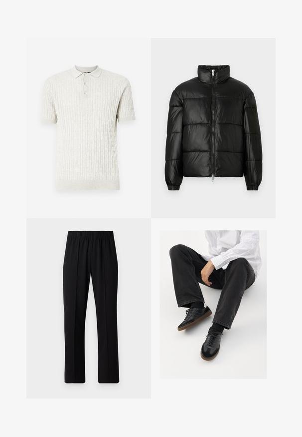 Melna pūkainā jaka ar augstu apkakli, rāvējslēdzēja priekšējo aizdari, quilted dizainu, elastīgām piedurknēm un spīdīgu, gludu auduma apdari.; Gaiši bežs īsām piedurknēm polo krekls, izgatavots no teksturēta adījuma, ar ribota apkakli un četrām pogām.; Melni elastīgi bikses ar taisnas kājas dizainu, ar gludu tekstūru un bez redzamām zīmēm vai detaļām.; Melnas sporta kurpes ar gludu un teksturētu virsu, apgādātas ar gumijas zoli un tumšiem auklām. Saskaņotas ar melniem džinsiem un baltu svītrainu krekls.