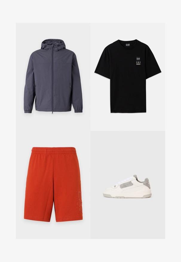 Vanntett hettejakke i mørkegrå, med full frontglidelås, elastiske mansjetter og to sidelommer. Glatt, matt tekstur.; Svart bomulls t-skjorte med kort erm, rund hals og et lite logo-merke foran med pleiesymboler i hvitt.; Røde bomullsshorts med elastisk midje. Har trykt logo på venstre bein. Glatt tekstur, lengde over kneet.; Hvit og lys grå lavt snøre sko med hvite snørebånd og semsket skinn detaljer, vist fra siden på en enkel lys bakgrunn.