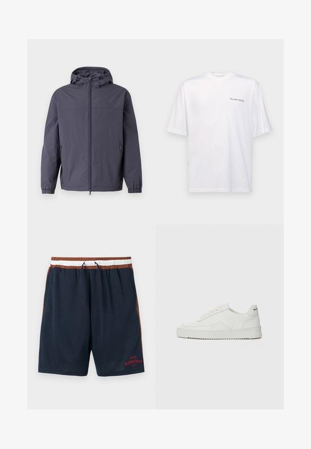 Jachetă cu glugă rezistentă la apă, de culoare gri închis, având un fermoar pe întreaga față, manșete elastice și două buzunare laterale. Textură netedă, mată.; Tricou alb cu mânecă scurtă din bumbac, cu decolteu în v, având un logo negru "FILLING PIECES" imprimat pe partea stângă.; Shorts atletici de plasă bleumarin cu accente maro, talie elastică și șnur alb. Prezintă textul roșu "MILANO GYMNASIUM EA7" pe față.; Sneakers din piele albă cu un finisaj neted, vârf rotund, șireturi plate și o talpă texturată. Prezintă un logo subtil pe călcâi.