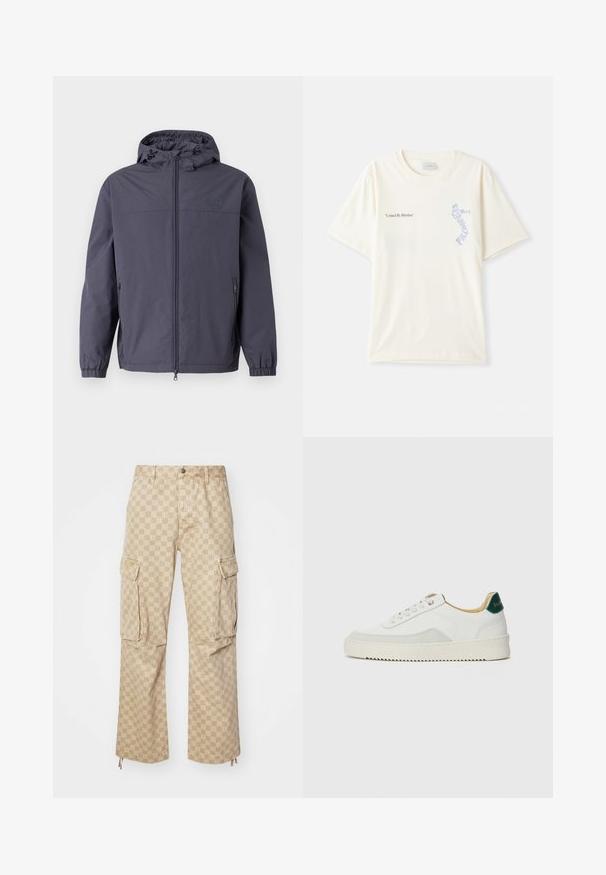 Water-resistant hooded jacket in dark gray, featuring a full front zipper, elastic cuffs, and two side pockets. Smooth, matte texture.; White cotton t-shirt with short sleeves, featuring “United By Rhythm” text in black and blue graphic on the chest. Round neck design.; Ksubi BOX FUGITIVE PANT - Relaxed fit jeans - tan; White sneaker with suede accents, rounded toe, flat laces, and a cream rubber sole. Features green branding on the heel.