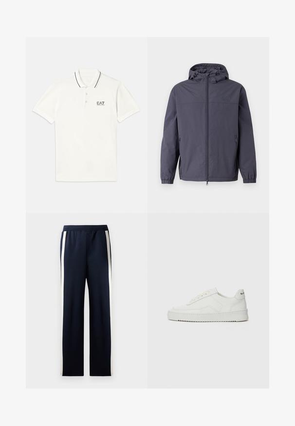 Vodoodolná bunda s kapucňou v tmavošedej farbe, s plným predným zipsom, elastickými manžetami a dvoma bočnými vreckami. Hladká, matná textúra.; Biela polokošeľa s krátkymi rukávmi, golierom na dva gombíky, čiernymi pruhovanými detailmi a malým čiernym logom EA7 na hrudi. Materiál: bavlna.; Námornícke teplákové nohavice s širokým strihom, s vertikálnymi krémovými pruhmi po stranách. Vyrobené z mäkkého, textúrovaného materiálu s elastickým pásom.; Biele kožené tenisky s hladkým povrchom, okrúly špičkový dizajn, ploché šnúrky a textúrovaná podrážka. Obsahujú jemné logo na päte.