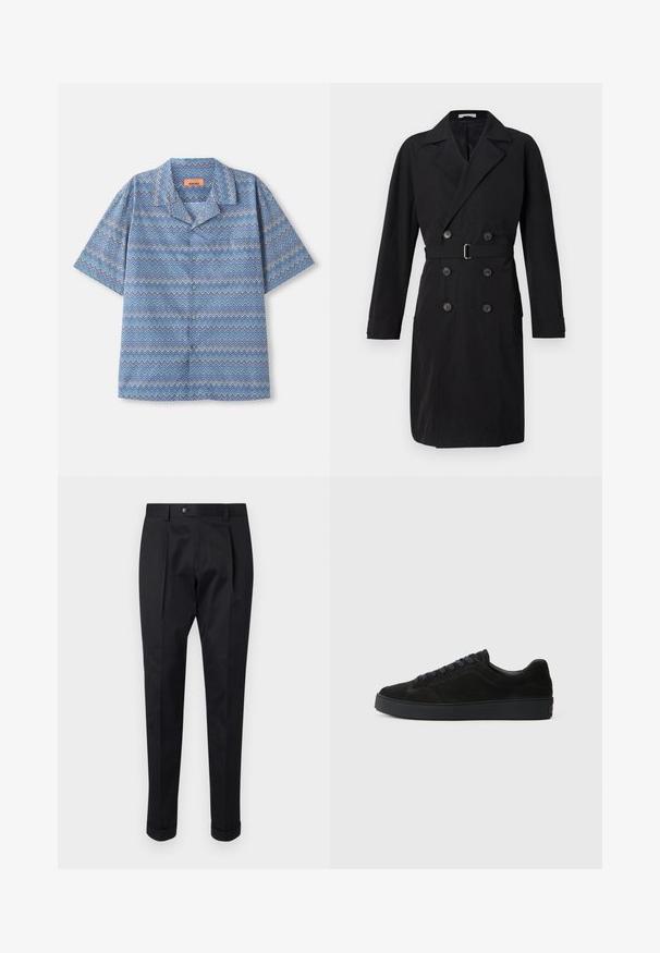 Černý dvouřadový trenčkot s klopami, páskem a velkými knoflíky. Hladká tkanina se strukturovaným siluetou a dlouhými rukávy.; Košile s krátkým rukávem, zapínání na knoflíky, s modro-bílo-fialovým vzorem ve tvaru cik-cak a s límcem ve stylu camp, položená na bílé pozadí.; Černé kalhoty z hladkého materiálu s pukem vpředu, zapínáním na knoflík a ohrnutými manžetami u kotníků.; Černé semišové tenisky s plochou, strukturovanou podrážkou, zaoblenou špičkou, šesti očky na tkaničky a minimalistickým designem.