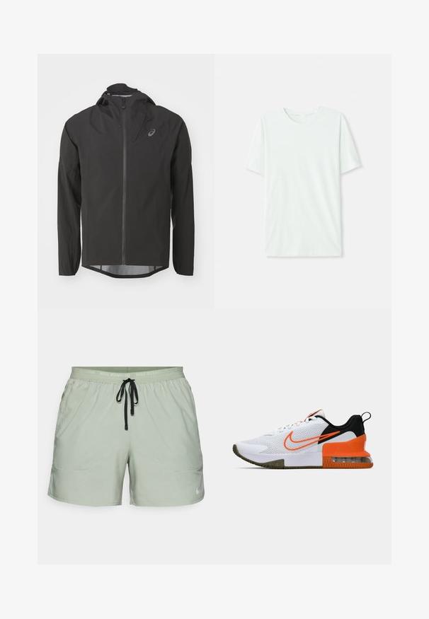 Fekete vízálló dzseki cipzáros elülső résszel, állítható kapucnival és hosszú ujjakkal. Simább textúrával és diszkrét logóval a mellkasi részen rendelkezik.; Világos menta zöld, rövidujjú póló, puha anyagból készült. Kerek nyakkivágással és egyszerű, egyenes szabással rendelkezik, díszítések nélkül.; Nike Performance STRIDE - Sport rövidnadrágok - jade horizon/black/reflective silver; Fehér sportcipő, texturált hálós felsőrésszel, fekete és narancssárga részletekkel, vastag gumitalppal és átlátszó levegőpárnával a sarkán.