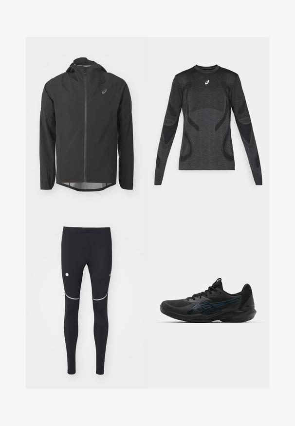 Čierna vodoodpudivá bunda so zipsom vpredu, nastaviteľnou kapucňou a dlhými rukávmi. Má hladkú textúru a jemné logo na hrudi.; Dlhý rukáv športový top v tmavosivej farbe, s textúrovanými dizajnovými akcentmi vo svetlejšej sivej. Okruhly dekolt s logom na hrudi.; Čierne športové legíny vyrobené z elastického materiálu, s reflexnými akcentmi a okrúhlym logom na ľavom stehne. Úzky strih.; ASICS SOLUTION SPEED FF 3 CLAY - Tenisové topánky na antuku - black/prism blue