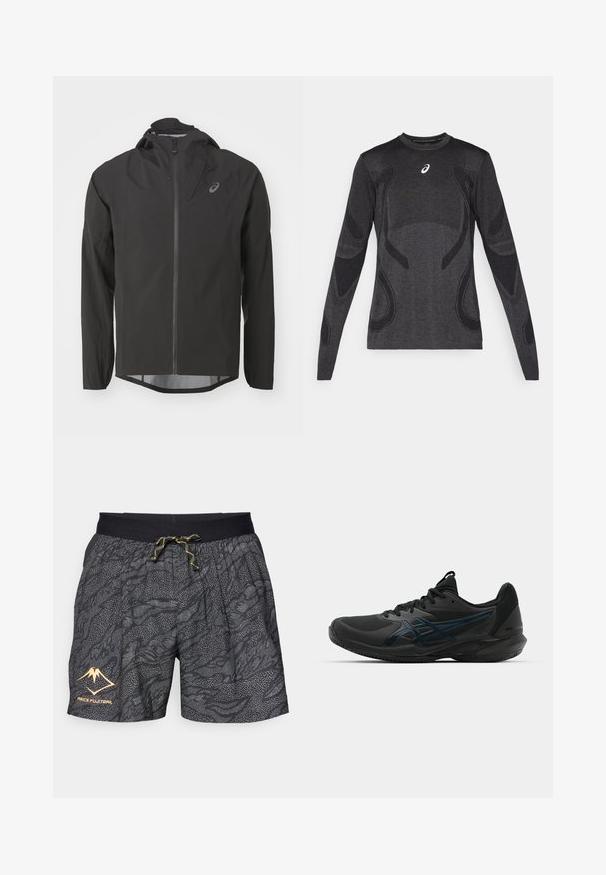 Mustat vedenpitävät takki, jossa on vetoketjullinen etuosa, säädettävä huppu ja pitkät hihnat. Ominaisuuksiin kuuluu sileä pinta ja hillitty logo rinnassa.; Pitkähiha urheilu toppi tummanharmaana, jossa on tekstuurisia design-yksityiskohtia vaaleammassa harmaassa. Pyöreä kaula-aukko ja logo rinnassa.; Mustat shortsit, joissa on harmaista aalloista ja pistekoristeista koostuva teksturoidun kuvio. Varustettu mustalla joustavalla vyötärönauhalla, jossa on keltainen naru ja logo.; ASICS SOLUTION SPEED FF 3 CLAY - Massakentän kengät - black/prism blue
