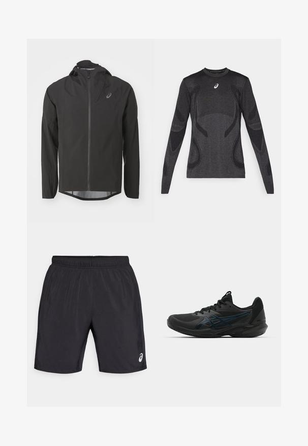 Mustat vedenpitävät takki, jossa on vetoketjullinen etuosa, säädettävä huppu ja pitkät hihnat. Ominaisuuksiin kuuluu sileä pinta ja hillitty logo rinnassa.; Pitkähiha urheilu toppi tummanharmaana, jossa on tekstuurisia design-yksityiskohtia vaaleammassa harmaassa. Pyöreä kaula-aukko ja logo rinnassa.; Mustat urheilushortsit, joissa on elastinen vyötärönauha. Sileä pinta ja logo alhaalla oikealla edessä. Polven mittaiset malli.; ASICS SOLUTION SPEED FF 3 CLAY - Massakentän kengät - black/prism blue