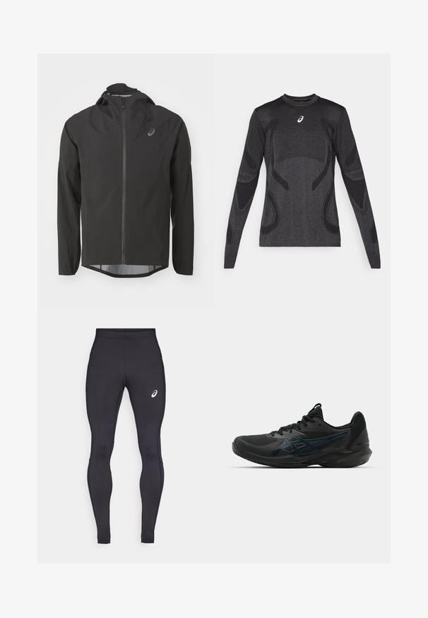 Zwarte waterdichte jas met een rits aan de voorkant, verstelbare capuchon en lange mouwen. Kenmerkt zich door een gladde textuur en een subtiel logo op de borst.; Langarm atletisch T-shirt in donkergrijs, met textuuraccenten in lichter grijs. Ronde halslijn met logo op de borst.; Zwarte sportleggings gemaakt van rekbare, soepele stof. Heeft een aansluitend ontwerp en een klein wit logo op de bovenste linkerdij.; ASICS SOLUTION SPEED FF 3 CLAY - Tennisschoenen voor kleibanen - black/prism blue