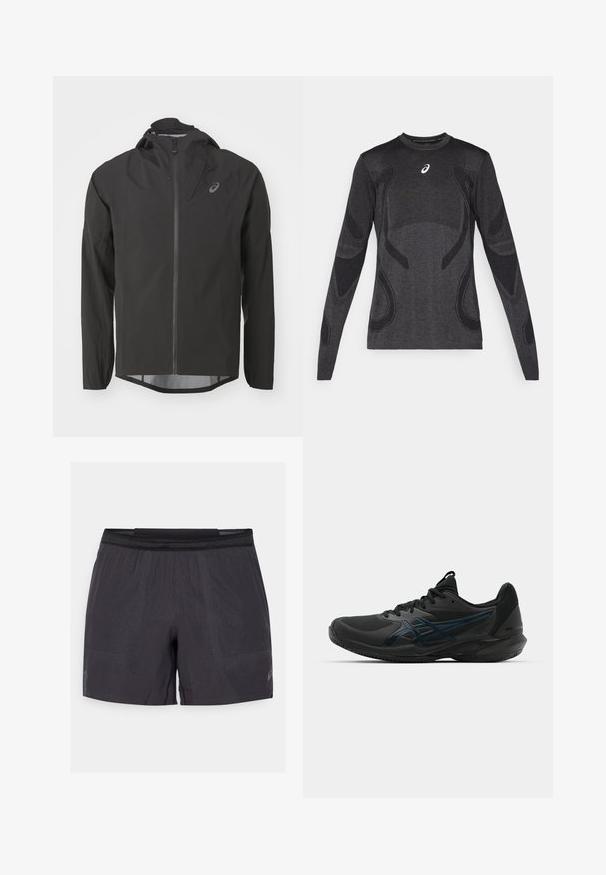 Mustat vedenpitävät takki, jossa on vetoketjullinen etuosa, säädettävä huppu ja pitkät hihnat. Ominaisuuksiin kuuluu sileä pinta ja hillitty logo rinnassa.; Pitkähiha urheilu toppi tummanharmaana, jossa on tekstuurisia design-yksityiskohtia vaaleammassa harmaassa. Pyöreä kaula-aukko ja logo rinnassa.; Mustat urheiluhousut, joissa on kevyt ja hengittävä kangas, kuvioitu pinta, joustava vyötärö ja heijastava logoyksityiskohta.; ASICS SOLUTION SPEED FF 3 CLAY - Massakentän kengät - black/prism blue