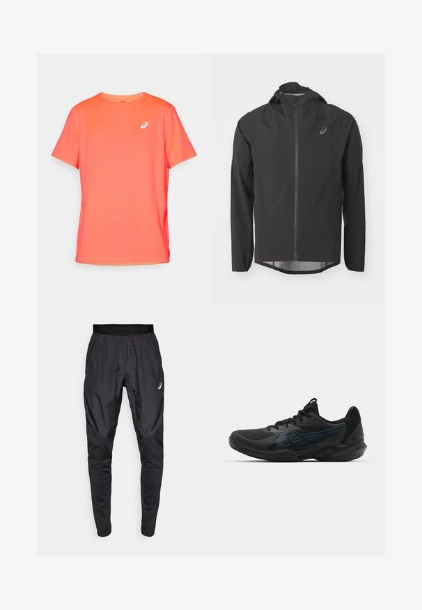Chaqueta negra impermeable con cierre frontal de cremallera, capucha ajustable y mangas largas. Presenta una textura suave y un logotipo sutil en el pecho.; Camiseta atlética de manga corta en color coral brillante, hecha de un tejido ligero y suave, con un logo blanco en el lado izquierdo del pecho.; Pantalones deportivos negros con una cinturilla elástica, bolsillos laterales y paneles de textura contrastante en las piernas. Logo de Asics en la cadera.; ASICS SOLUTION SPEED FF 3 CLAY - Zapatillas de tenis para tierra batida - black/prism blue