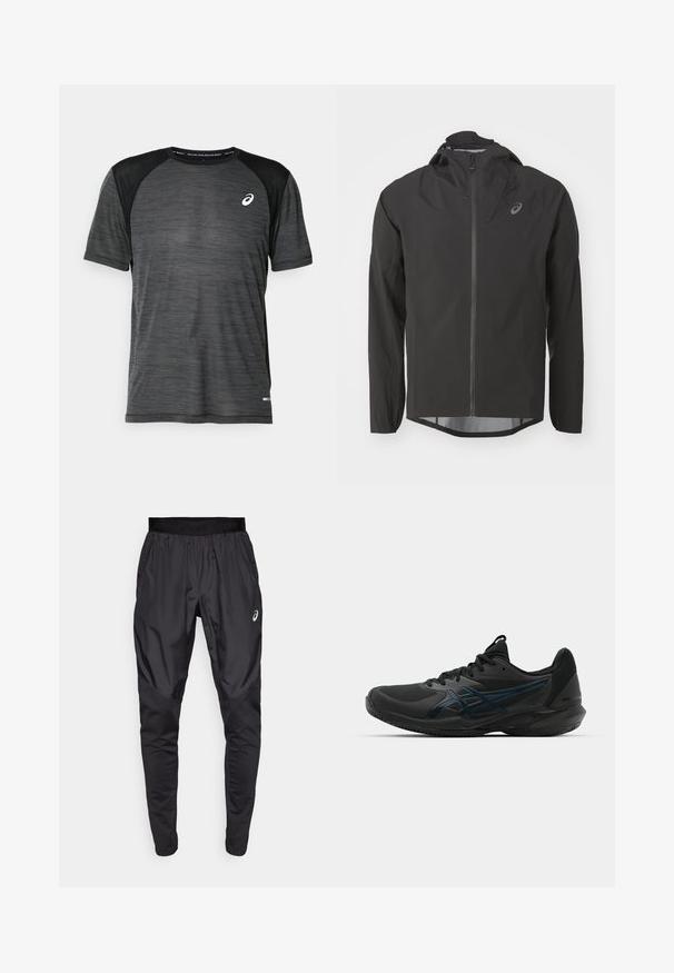 Chaqueta negra impermeable con cierre frontal de cremallera, capucha ajustable y mangas largas. Presenta una textura suave y un logotipo sutil en el pecho.; Camiseta deportiva negra de manga corta, con textura de malla. Presenta un escote redondo con un logotipo reflectante en el pecho y detalles en las mangas.; Pantalones deportivos negros con una cinturilla elástica, bolsillos laterales y paneles de textura contrastante en las piernas. Logo de Asics en la cadera.; ASICS SOLUTION SPEED FF 3 CLAY - Zapatillas de tenis para tierra batida - black/prism blue