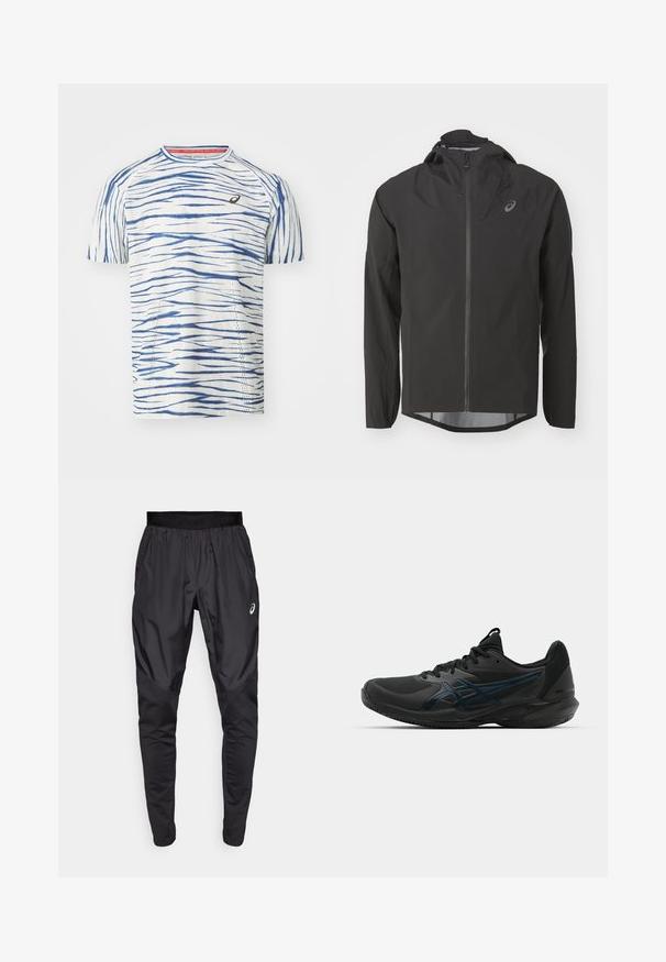 Sort vandtæt jakke med lynlås foran, justerbar hætte og lange ærmer. Den har en glat tekstur og et diskret logo på brystet.; ASICS METARUN SHIBORI - Sports T-shirts - birch/blue; Sorte træningsbukser med en strækbar talje, sidelommer og kontrasterende teksturpaneler på benene. Asics-logo på hoften.; ASICS SOLUTION SPEED FF 3 CLAY - Tennissko til grusbane - black/prism blue