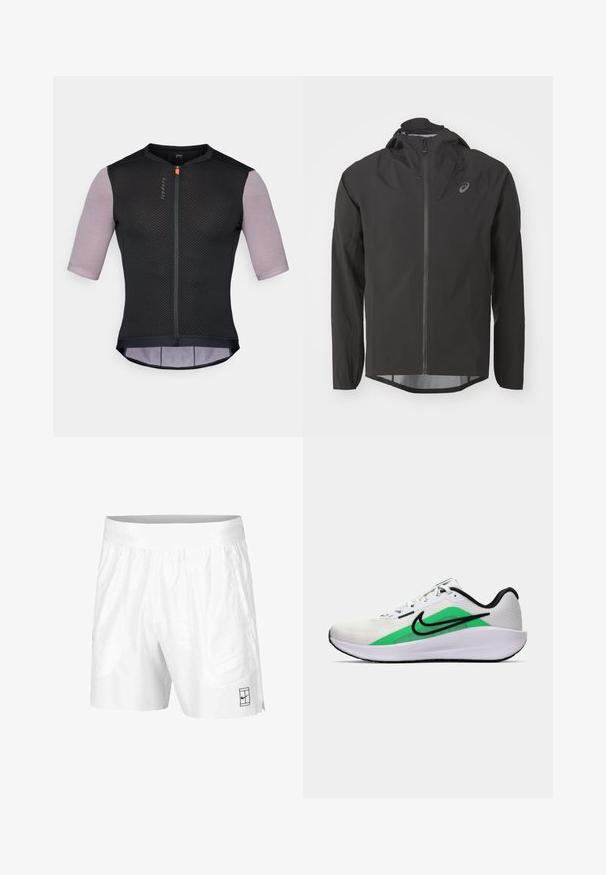 Svart vanntett jakke med glidelås foran, justerbar hette og lange ermer. Har en jevn tekstur og en subtil logo på brystet.; Svart sykkeltrøye med korte, mønstrede ermer. Har glidelås foran, pustende nettingstoff og en litt forlengt bakdel for ekstra dekning.; Hvite sportsshorts laget av lettvektstoff med elastisk midjebånd, med to sidelommer og en liten svart logo på kanten.; Hvit atletisk sko med grønt aksent, svart logo, mesh-overdel, polstret såle og rund hæl. Har snøring og kontrastdetaljer.