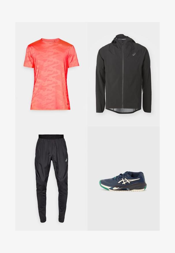 Black waterproof jacket with a zip front, adjustable hood, and long sleeves. Features a smooth texture and a subtle logo on the chest.; Camo-patterned short-sleeve t-shirt in vibrant coral. Made from lightweight fabric with a smooth texture and crew neckline.; Black athletic pants with a stretchy waistband, side pockets, and contrasting texture panels on the legs. Asics logo on the hip.; Navy athletic shoe with mesh upper, white logo, green accent on toe, and a multicolored sole. Streamlined design with textured surface.