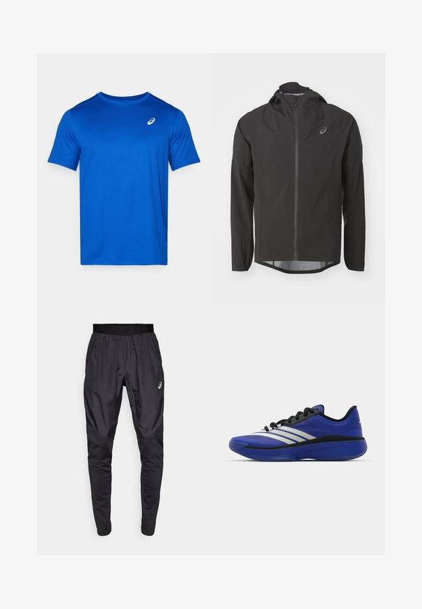 Svart vattentät jacka med dragkedja framtill, justerbar huva och långa ärmar. Har en slät yta och en diskret logo på bröstet.; Blå kortärmad T-shirt i lättviktigt material. Har en rundad halsringning och en liten vit logotyp på bröstet. Slät textur.; Svarta träningbyxor med elastisk midja, sidofickor och kontrasterande texturpaneler på benen. Asics-logga på höften.; adidas Performance ADIZERO SELECT 3.0 - Basketsko - lucid blue/core black/metallic