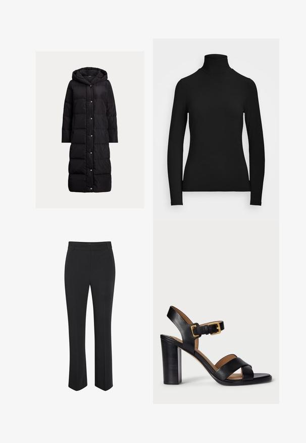 Mustal padjakate koos kapuutsiga, millel on täispikk nööbilukustus, pikad varrukad, küljetaskud ja põlvepikkune disain.; Must musta käised turtleneck top, mis on valmistatud siledast kangast. Omab kõrget kaela ja keha järgivat siluetti, ilma nähtavate mustrite või aktsentideta.; Mustad mustad püksid, mis on valmistatud sileda kangaga, sirge säärekujunduse ja keskmise kõrgusega vöökohtaga, ilma täiendavate aksessuaaride või mustriteta.; Mustad nahast kontsasaapad, millel on ristuv rihma disain ja klamber. Omab paksemat kontsa ja siledat tekstuuri.