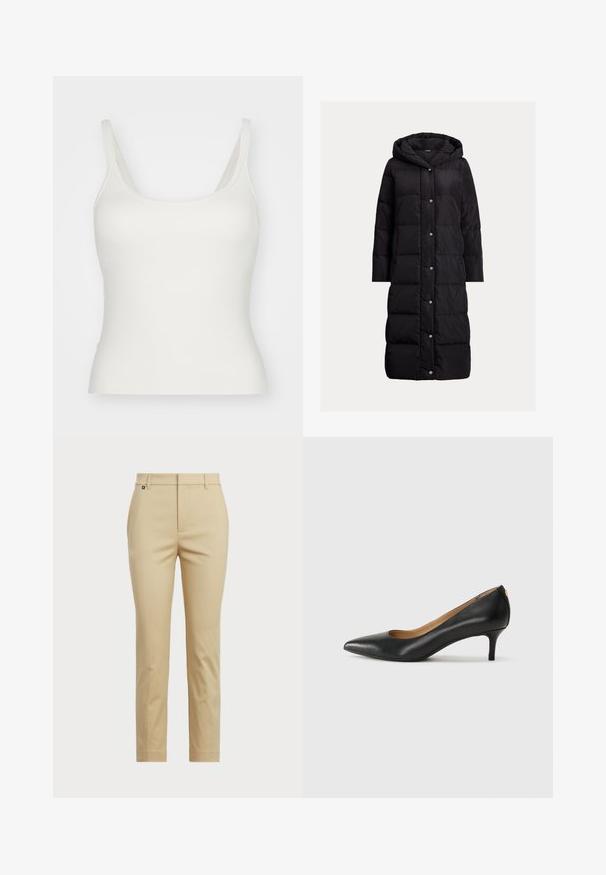 Svart vadderad jacka med huva, med en hel frontknäppning, långa ärmar, sidofickor och design som går till knäna.; Vit linne med tunna axelremmar, tillverkat av ett mjukt, stretchy material. Har en rundad halsringning och en åtsittande silhuett. Inga mönster eller detaljer.; Beiga byxor med rak bendesign. Tillverkade av slät tyg, med standard midjeband och diskreta sidoseams.; Svart läderpumps med spetsig tå, låg klack och slät yta. Har en liten öppning framtill och minimal hårdvara bak.