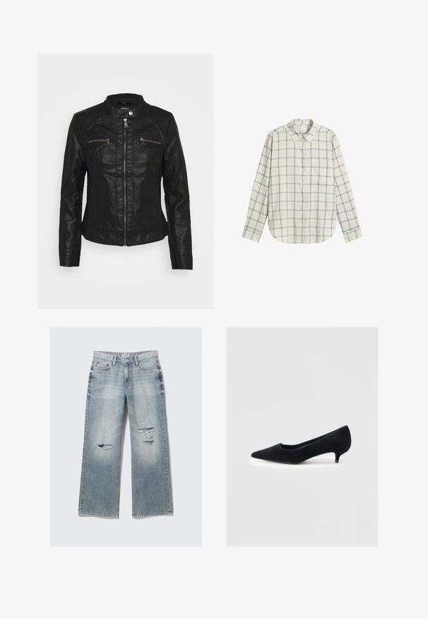 Czarna skórzana kurtka z kołnierzem stójkowym, zamkiem błyskawicznym z przodu oraz dwoma kieszeniami na piersi zapinanymi na zamek. Ma fakturowane przeszycia i dopasowany krój.; Koszula zapinana na guziki w jasnobeżowym i niebieskim kratkę, wykonana z miękkiego materiału, z kołnierzykiem i długimi rękawami.; Czarna bluzka z długim rękawem, wykonana z gładkiego materiału, z okrągłym dekoltem i dopasowanym krojem; nie posiada wzorów ani zdobień.; Jasnoniebieskie dżinsy typu wide-leg z przetarciami, postrzępionymi krawędziami i wyblakłym wykończeniem. Posiadają kieszenie z przodu i klasyczny pas.; Czarne czółenka o ostrej nosie, wykonane z miękkiej tkaniny z teksturowanym wykończeniem i krótkim, wąskim obcasem. Prosty design, bez zdobień.
