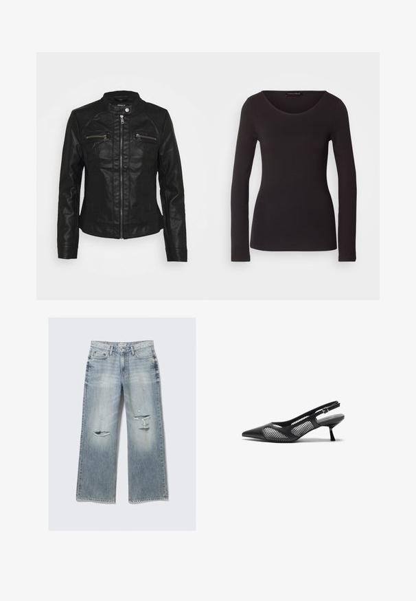 Schwarze Lederjacke mit Stehkragen, Front-Reißverschluss und zwei Reißverschluss-Brusttaschen. Verfügt über strukturierte Nähte und eine figurbetonte Silhouette.; Schwarzes Langarmoberteil aus glattem Stoff mit rundem Halsausschnitt und figurnaher Silhouette; es hat weder Muster noch Akzente.; Hemd mit Knopfverschluss in einem hellbeigen und blauen Karomuster, aus weichem Stoff gefertigt, mit Kragen und langen Ärmeln.; Hellblaue, weit geschnittene Jeans aus Denim mit lässigen Details, fransigen Kanten und einem ausgewaschenen Finish. Verfügt über vordere Taschen und einen klassischen Taillenbund.; Schwarze Slingback-Pump mit spitzem Zeh, ausgestattet mit Mesh-Details, einem niedrigen Absatz und einem verstellbaren Knöchelriemen für einen sicheren Sitz.