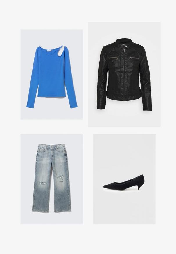 Zwarte leren jas met een opstaande kraag, ritssluiting aan de voorkant en twee ritszakken op de borst. Voorzien van een gestructureerde stiknaad en een aansluitende snit.; Blauwe langmouwtop met een ronde halslijn en een unieke asymmetrische uitsnijding op de rechter schouder, plat gelegd op een witte achtergrond.; Overhemd met knopen in een lichtbeige en blauwe ruitpatroon, gemaakt van zachte stof, met een kraag en lange mouwen.; Lichtblauwe denim wide-leg jeans met verwoeste details, rafelige uiteinden en een vervaagde afwerking. Beschikt over voorzakken en een klassieke tailleband.; Zwarte vilten pump met een spits toelopende neus en een lage kittenhak. De schoen heeft een gladde textuur en een minimalistisch ontwerp zonder versieringen.
