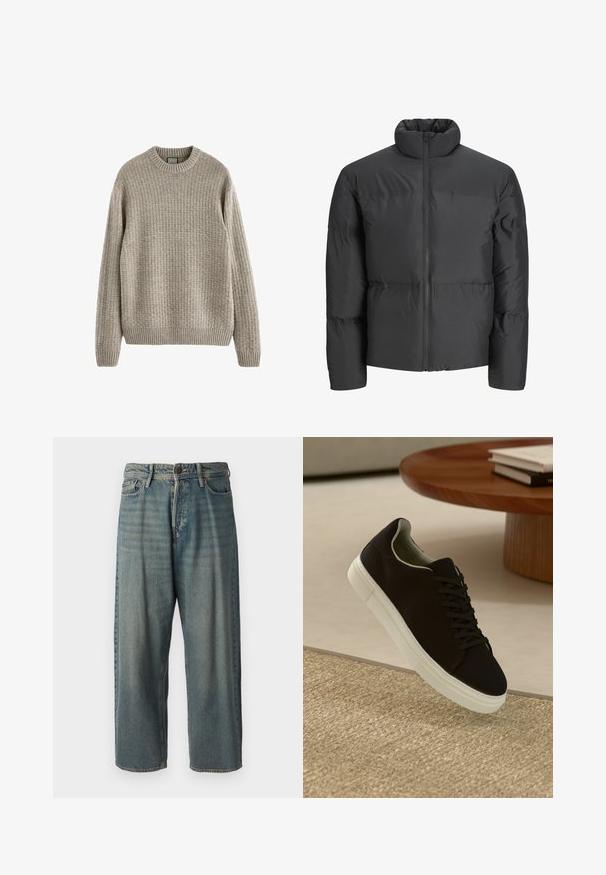 Melnā polsterētā jaka ar augstu apkakli, pilnu rāvējslēdzēju priekšpusē un horizontālām vīlēm. Materiāls izskatās gluds un nedaudz spožs.; Bēša ribota džemperis ar apaļu kakla izgriezumu, garām piedurknēm un teksturētu adījuma rakstu. Iezīmējas ar ribotu apakšmalu un aprocēm.; Gaiši zili džinsi ar brīvu piegriezumu, vidējo jostas augstumu un taisnām kājām. Satur piecas kabatas, jostas cilpas un pogu aizdari.; Melni sporta apavi ar baltu zoli, kas peld virs bēša tekstūrēta paklāja netālu no apaļa koka galda ar sakrautiem grāmatām.