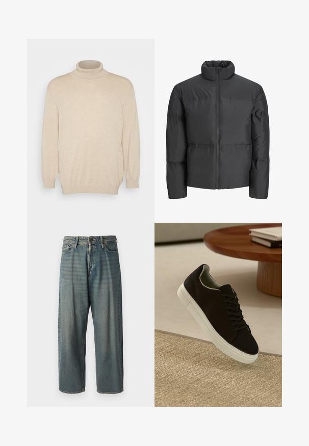 Svart polstret jakke med høy krage, hel glidelås foran og horisontale sømdetaljer. Materialet ser glatt og litt skinnende ut.; Jack & Jones JJEEMIL ROLL NECK - Strikkegenser - oatmeal; Lyseblå denimjeans med løs passform, midjehøyde og rette ben. Har fem lommer, beltehemper og knappelukking.; Svart sneakers med hvit såle som svever over en beige teksturert teppe nær et rundt trebord med stablede bøker.