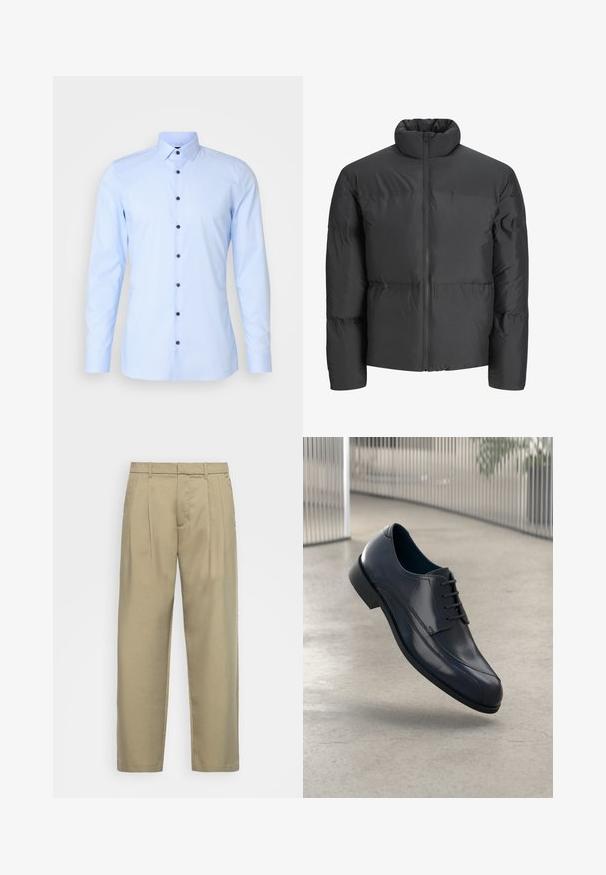 Svart polstret jakke med høy krage, hel glidelås foran og horisontale sømdetaljer. Materialet ser glatt og litt skinnende ut.; OLYMP No. Six Skjorte - blue; Beige, høytlivs bukser med rett snitt, med flat front, sidelommer og et jevnt, strukturert stoff.; Glans svart lærdressko med snørebånd, svevende over et glatt, lyst grått gulv med vertikale metallstenger i bakgrunnen.