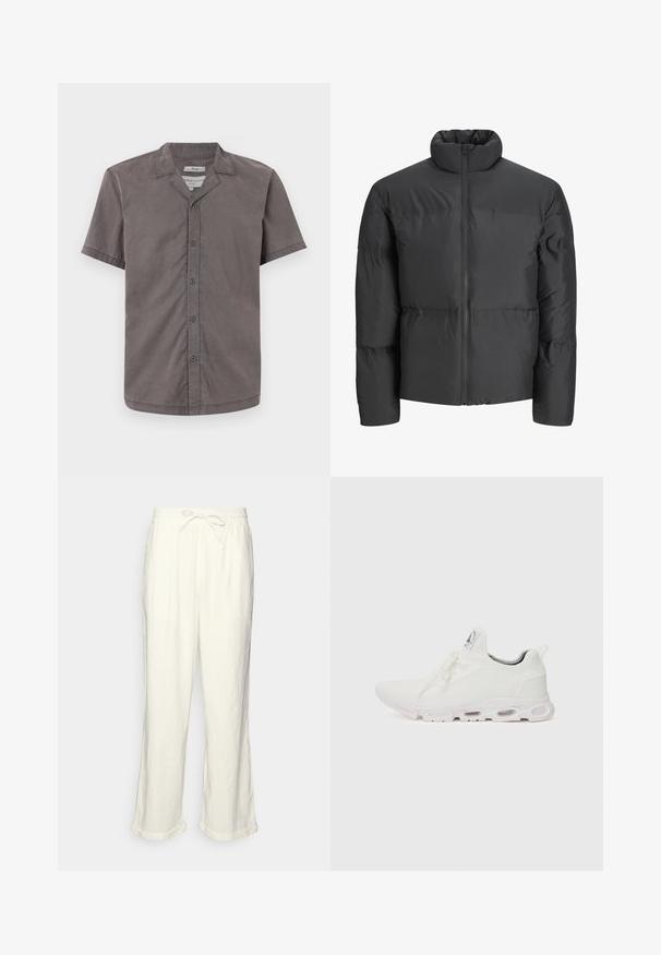 Juodas paminkštintas švarkas su aukšta apykakle, visiškai užtraukiamu priekiniu užtrauktuku ir horizontalių siūlių detalėmis. Medžiaga atrodo glotni ir šiek tiek blizganti.; Tamsiai pilkos spalvos marškiniai su trumpomis rankovėmis, pagaminti iš minkštos medžiagos. Turi stovyklos tipo apykaklę ir penkias priekinės sagas. Glotni tekstūra ir laisvas pjaustymas.; Neryškios baltos lino kelnės su raišteliu liemens srityje, šiek tiek plačiomis kojomis ir sukniustais mankštiniais kraštais, suteikiančiais laisvą prigludimą. Be kišenių.; Baltos sportinės detalės batai su tekstūruotu megztu viršumi, plokščiais raišteliais ir paminkštintu padu, kuriame matomos oro kameros papildomam palaikymui.