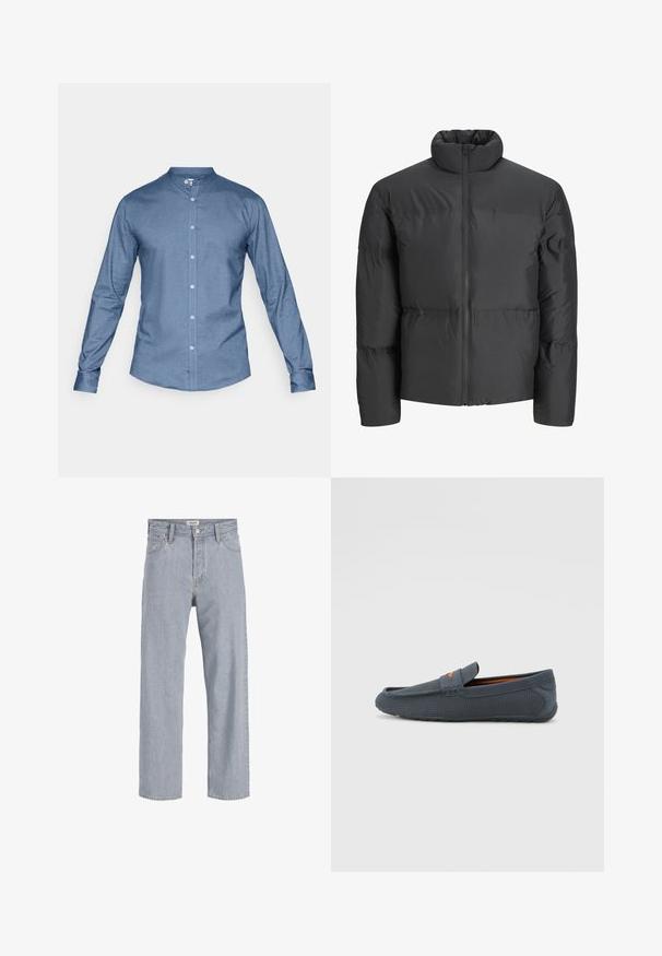 Svart polstret jakke med høy krage, hel glidelås foran og horisontale sømdetaljer. Materialet ser glatt og litt skinnende ut.; Blå skjorte med krage, lange ermer og en glatt tekstur. Har frontlukkning med knapper og ingen synlige mønstre.; Lyseblå denimbukser med avslappet passform, rett ben-design, synlige sømmer, to frontlommer og knappelukking.; Grå perforerte loafers med slip-on design, med oransje detaljer, rund tå og teksturert gummisåle.