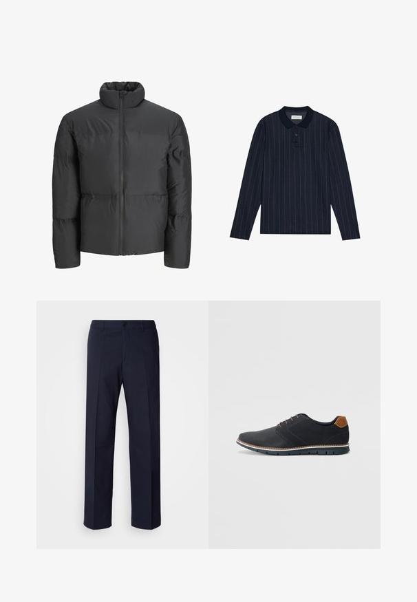 Fekete párnázott dzseki magas gallérral, teljes cipzárral elöl, vízszintes varrás részletezéssel. Az anyag simának és enyhén fénylőnek tűnik.; Sötétkék, hosszú ujjú pólóing, álló gallérral, vékony függőleges csíkokkal és három gombos záródással. Puha textúrájú anyag.; Tengerészkék egyenes szárú nadrág, sima anyagból, elöl redőkkel és egy gombos záródással.; Fekete szintetikus cipők, textúrált felsőrésszel, sima díszítésekkel, barna sarkával és kontrasztos talppal. Minimális fűzéssel és varrási részletekkel rendelkezik.