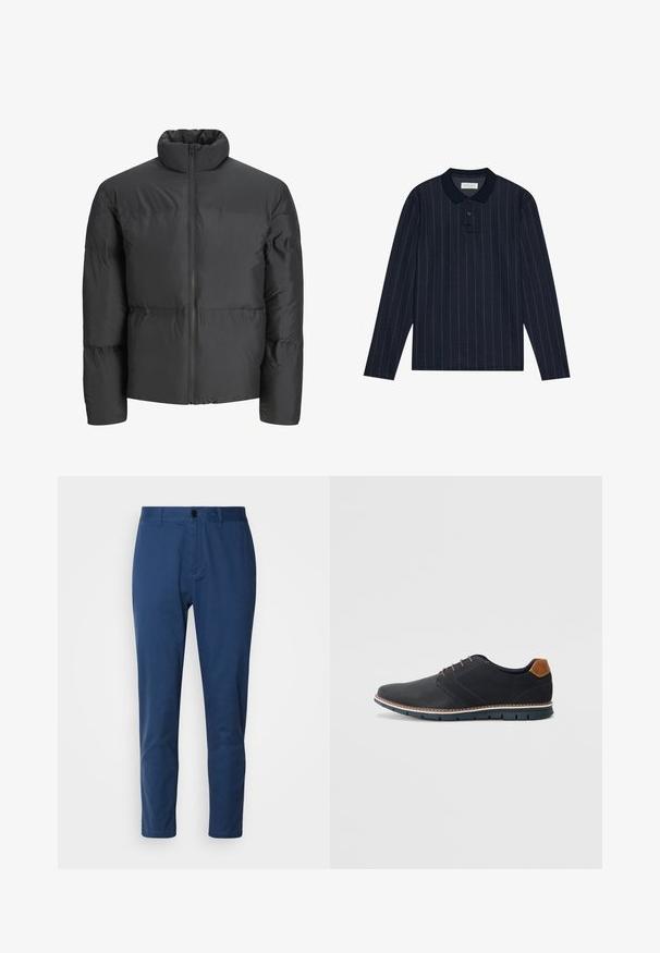 Melnā polsterētā jaka ar augstu apkakli, pilnu rāvējslēdzēju priekšpusē un horizontālām vīlēm. Materiāls izskatās gluds un nedaudz spožs.; Jūras zila garo piedurknu polo krekls ar apkakles dekoltē, ar plānām vertikālām strīpām un trīs pogu aizdari. Mīkstas auduma tekstūra.; Jūras zila kokvilnas bikses ar gludu tekstūru, taisns griezums un pogu aizdare jostasvietā. Neviena redzama raksta vai metāla detaļu nav.; Melni sintētiskie apavi ar struktūru augšdaļā, gludu akcentu, brūnu papēdi un kontrastējošu zoli. Iezīmē minimālu šņorēšanu un šuvju detaļas.