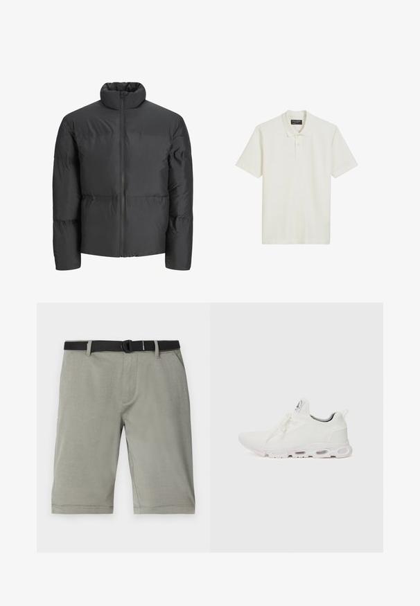 Veste matelassée noire avec un col haut, fermeture éclair frontale complète et des détails de coutures horizontales. Le matériau semble lisse et légèrement brillant.; Polo shirt blanc en tissu texturé, avec un col classique, une patte de boutonnage à trois boutons et des manches courtes.; Un short gris en tissu texturé, doté d'une ceinture noire, de poches classiques et d'un ourlet se terminant juste au-dessus du genou.; Baskets blanches de sport avec un dessus en maille texturée, des lacets plats et une semelle rembourrée avec des chambres à air visibles pour un soutien supplémentaire.