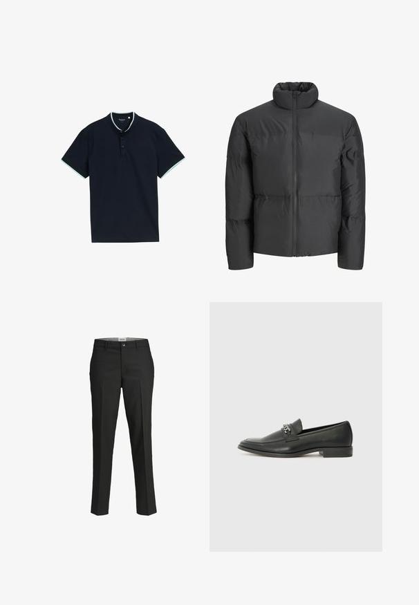 Črna podložena jakna z visoko ovratnikom, celotnim zadrgo spredaj in horizontalnimi šivi. Material se zdi gladek in rahlo sijoč.; Mornarsko polo majica z teksturirano tkanino, ki ima stoječ ovratnik, tri gumbe in svetlo modre okrasne detajle na ovratniku in rokavih.; Črne hlače, krojene prilega, gladka tkanina, srednje visok pas, sprednja zaponka, diagonalne žepke in pregibna podrobnost vzdolž nog.; Črni usnjeni loafer z gladko površino, ki ima šivano zasnovo in dekorativni kovinski verižni naglas preko vampirja. Ravno peto.