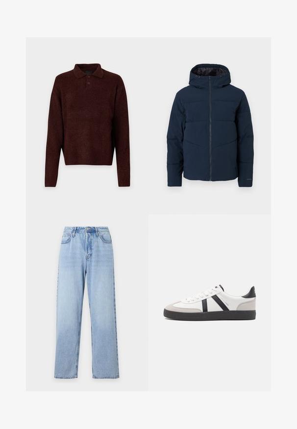 Mornarska pufasta jakna z odstranljivo kapuco, popolno zadrgo in šivane predele za izolacijo. Ima elastične manšete in gladko teksturo.; Rjav pleten pulover s polo ovratnikom, tremi gumbi na vratu in dolgimi rokavi. Mehak material, rebrasti manšeti in rob.; Svetlo modre jeans hlače s ravnim krojem, visokim pasom, petimi žepi in zapiranjem na zgornji gumb. Imajo zbledel videz in kontrastne šive.; Bela športna obutev z črnimi in sivo akcenti, z teksturirano sivo kapico za prste, črnim gumijastim podplatom in ravnimi belimi vezalkami. Čista zasnova, minimalistični slog.
