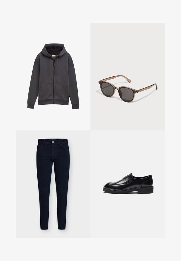 Veste noire à boutons, en tissu lisse, dotée d'un col, d'une poche avant et de manches à poignet. Pas de motifs ni d'accents visibles.; Sweat à capuche gris avec fermeture éclair, poches avant et cordons de serrage. Fabriqué en tissu texturé, il présente une coupe légèrement décontractée et des poignets.; Ensemble de cinq t-shirts à manches courtes en blanc, beige, gris clair, gris foncé et noir. Fabriqués en coton doux, présentant un design à col rond.; Jeans slim fit bleu foncé avec cinq poches, une fermeture à bouton et un tissu denim robuste. Présente un design classique et des coutures minimales.; Zign LEATHER - Mocassins de ville - black; Lunettes de soleil en plastique marron avec des verres foncés, de forme arrondie et branches effilées. Ornementation notable sur les branches.