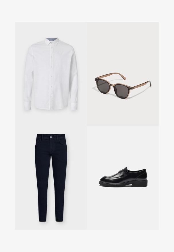 Must mustasärk, mis on valmistatud siledast kangast, millel on krae, eesmine tasku ja mansetiga varrukad. Ilma nähtavate mustrite või aktsentsideta.; Valge pika varrukaga särk, mis on valmistatud kerge kangaga, nööbiga ees, krae ja peene tekstuuriga. Sisaldab kontrastset sisekraedetaili.; Viie lühikese varrukaga T-särgi komplekt, mis sisaldab valget, beeži, heletüüki, tumehallit ja musta. Valmistatud siledast puuvillast, ümmarguse kaela disainiga.; Tumedat sinised kitsad teksad viie taskuga, nööbist kinnitamine ja tugev denimkangas. Omab klassikalist disaini ja minimaalset õmblemist.; Zign LEATHER - Paelteta kingad - black; Pruunist plastikust prillid tumedate läätsedega, ümmargune kuju ja kitsenevad käed. Tempel on tähelepanuväärne kaunistus.