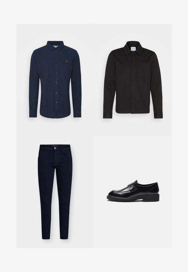 Czarna kurtka zapinana na guziki, wykonana z gładkiego materiału, z kołnierzykiem, przednią kieszenią i mankietami. Bez widocznych wzorów ani akcentów.; Granatowa koszula zapinana na guziki z długimi rękawami, kołnierzykiem i małym żółtym haftowanym logo na lewej piersi. Gładki materiał o dopasowanym kroju.; Zestaw pięciu t-shirtów z krótkim rękawem w kolorach białym, beżowym, jasnoszarym, ciemnoszarym i czarnym. Wykonane z gładkiej bawełny, z klasycznym dekoltem.; Ciemnoniebieskie dżinsy slim fit z pięcioma kieszeniami, zapięciem na guzik i mocnym materiałem dżinsowym. Posiadają klasyczny fason i minimalne przeszycia.; Zign - Biznesowe loafersy