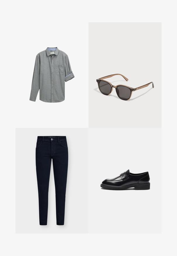 Melns džemperis ar pogām, izgatavots no gludas auduma, ar apkakli, priekšējo kabatu un ar piespraustām piedurknēm. Nav redzamu rakstu vai akcentu.; Pelēks garām piedurknēm krekls ar šaha rakstu, ar pogām aizsietu apkakli, vienu krūšu kabatu un sarullētām piedurknēm ar zilu akcentu.; Piecu īsām piedurknēm T-kreklu komplekts baltā, bēšā, gaiši pelēkā, tumši pelēkā un melnā krāsā. Izgatavoti no gludas kokvilnas, ar apaļu kakla izgriezumu.; Tumši zili, pieguļoši džinsi ar piecām kabatām, ar pogu aizdari un izturīgu denima audumu. Iezīmē klasisku dizainu un minimālu šuvju skaitu.; Zign LEATHER - Lietišķa stila kurpes - black; Brūnas plastmasas saulesbrilles ar tumšo lēcu, noapaļotu formu un sašaurinātām kājiņām. Ievērojama rotājuma detaļa uz tempļiem.