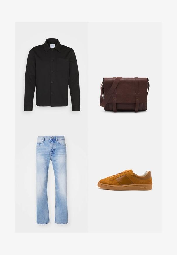 Černá sako na knoflíky vyrobené z hladké tkaniny, se límcem, přední kapsou a manžetami. Žádné viditelné vzory ani akcenty.; Sada pěti triček s krátkým rukávem v bílé, béžové, světle šedé, tmavě šedé a černé barvě. Vyrobena z hladké bavlny, s designem kulatého výstřihu.; Světle modré džíny z denimu se rovnou nohavicí, se klasickým pětipocket stylem a jemným vybledlým vzorem.; Hnědé semišové tenisky s hladkým hnědým koženým akcentem, kulatou špičkou a plochou gumovou podrážkou. Obsahují béžové tkaničky a logo na boku.; Hnědá kožená taška přes rameno s plochým předním klopem, dvěma popruhy, zlatými kovovými detaily a nastavitelným ramenním popruhem.