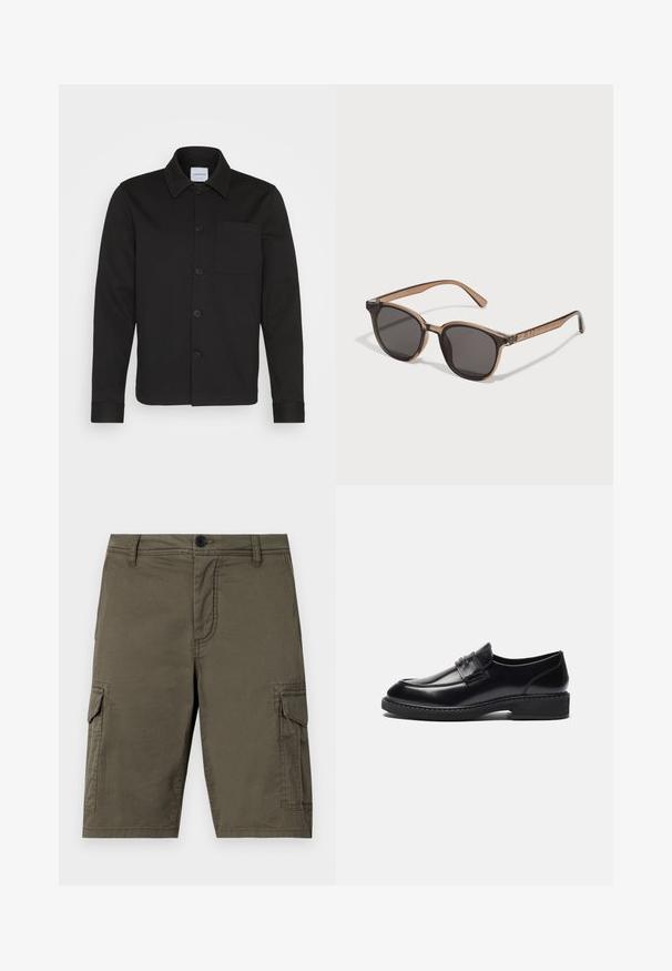 Black button-up jacket made of smooth fabric, featuring a collar, front pocket, and cuffed sleeves. No visible patterns or accents.; Set of five short-sleeve t-shirts in white, beige, light gray, dark gray, and black. Made of smooth cotton, featuring crew neck design.; Olive green cargo shorts made of textured fabric featuring two side pockets and a front button closure. Mid-length with straight cut.; Zign LEATHER - Smart slip-ons - black; Brown plastic sunglasses with dark lenses, rounded shape, and tapered arms. Notable embellishment on the temples.